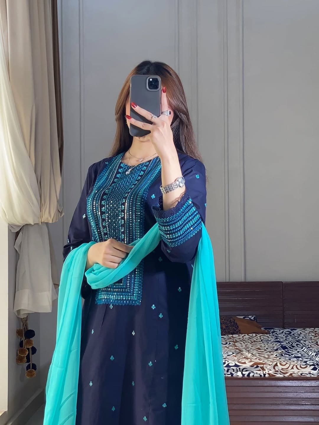 Sequence Embroidery Blue Three Piece